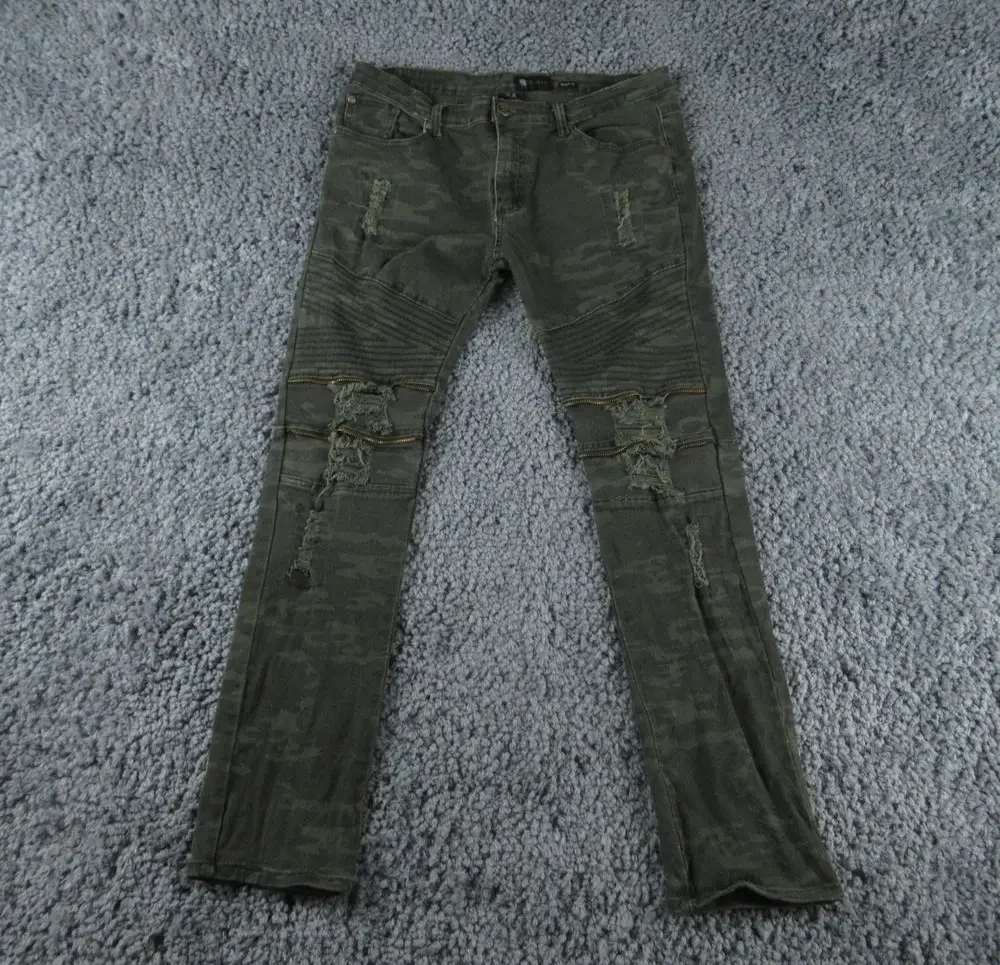 Weimea Jeans Mens 34x32 Green Geometric Skinny Fit Distressed 34x30*